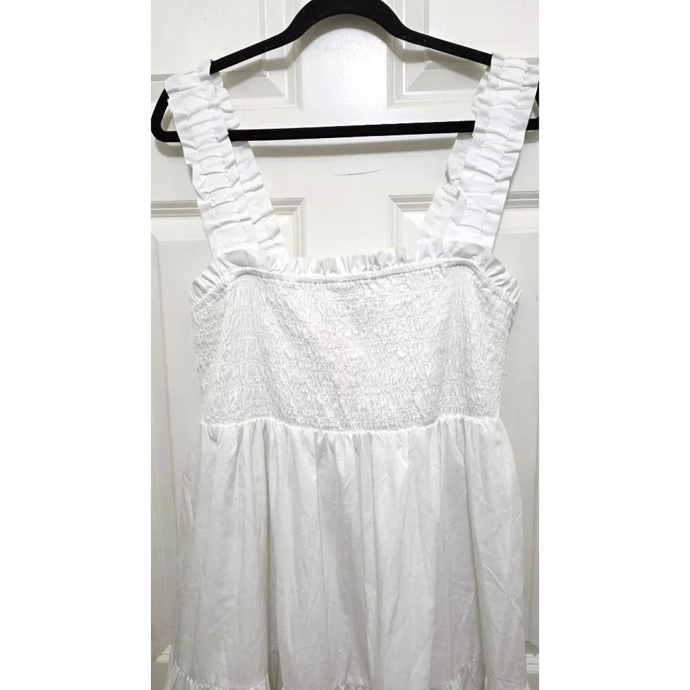 Abercrombie & Fitch White & Gold Embroidered Tiered Dress Ruffled Straps Smocked